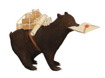 A bear carrying parcels and a letter in its mouth