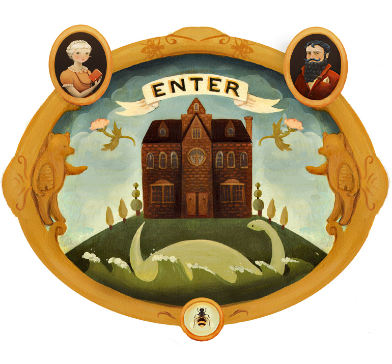 Enter: the orphanage on a hill in a gilded frame, with portraits of Delia and Oddfellow Bluebeard, two bears and a lake monster