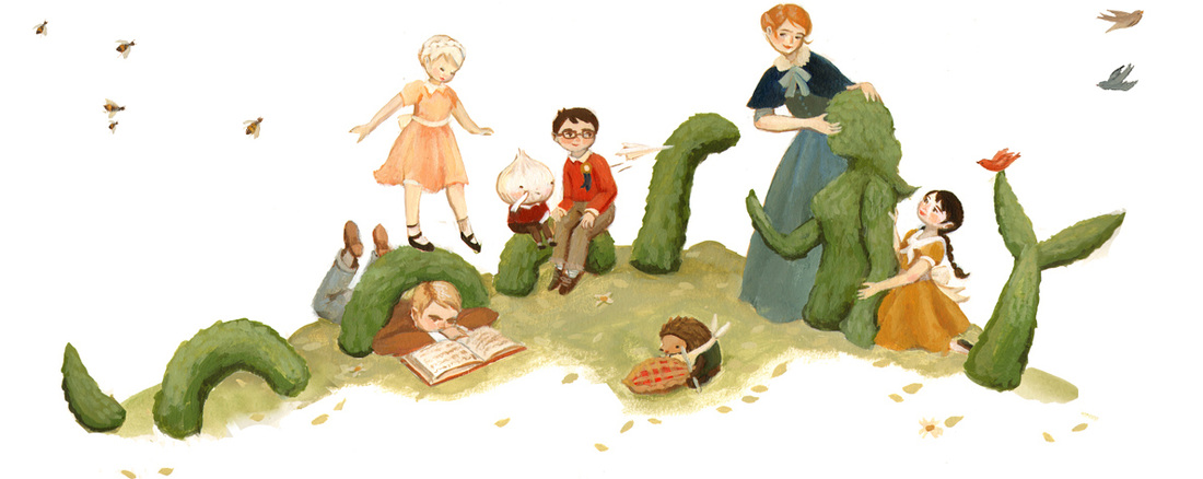 The orphans and Nurse Effie in a garden of topiary sea serpents: Delia, Ollie, Daniel, Hugo eating pie, a boy reading, and Ava with her finches