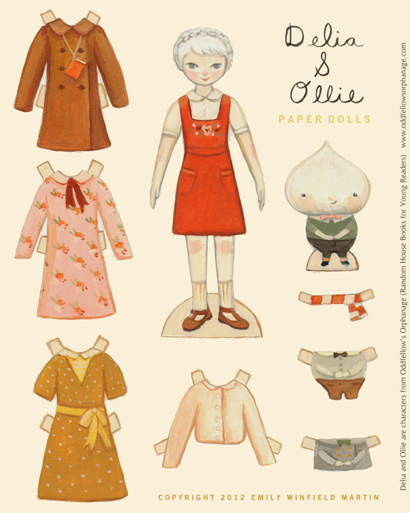 Delia and Ollie paper dolls, with coats, dresses, a sweater and a scarf to cut out