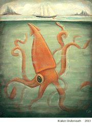 Kraken Underneath: an orange kraken beneath a sailing ship
