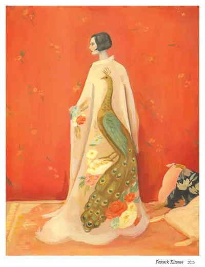 Peacock Kimono: a woman in a kimono embroidered with a peacock