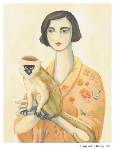 A Lady and a Monkey: a dark-haired woman holding a monkey