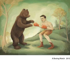 A Boxing Match: a bear boxing a man