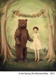 In the Spring, She Married a Bear: a bear and a girl in a white dress under a garland