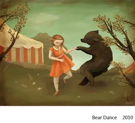 Bear Dance: a girl dancing with a black bear outside a circus tent