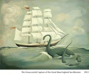 The Unsuccessful Capture of the Great New England Sea Monster: a sea serpent beside a tall ship