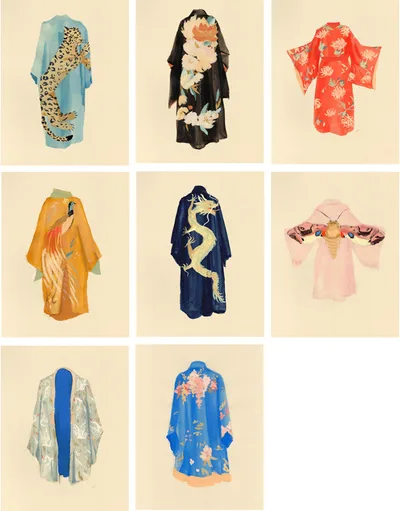 Kimono studies: eight painted kimonos with tigers, flowers, birds, a dragon and a moth