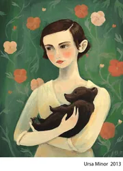 Ursa Minor: a woman holding a bear cub among red flowers