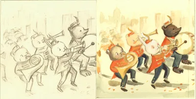 An animal marching band, in pencil and in color
