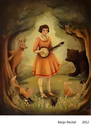Banjo Recital: a girl playing banjo for forest animals