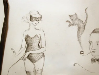 Pencil sketch of a masked woman, a leaping cat and a man with a pipe