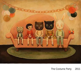 The Costume Party: children in animal costumes on an orange sofa