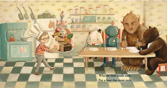 Dream Animals: a child chef serving cake to animals in a kitchen
