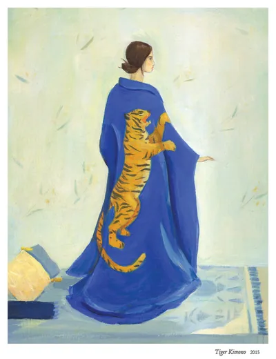 Tiger Kimono: a woman in a blue kimono with a tiger on its back