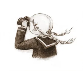 Oddfellow's Orphanage: drawing of a girl with braids looking through binoculars