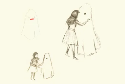 Pencil sketch of children in ghost costumes