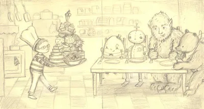 Pencil sketch of the kitchen scene from Dream Animals
