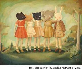 Bess, Maude, Francis, Matilda, Maryanne: five children in animal masks