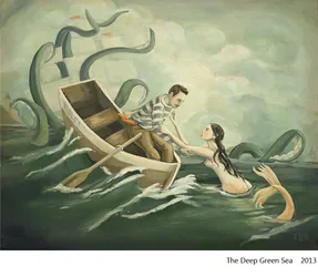 The Deep Green Sea: a mermaid and a sea serpent rising around a rowboat