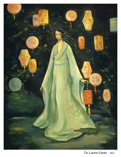 The Lantern Garden: a woman in a pale green robe among hanging paper lanterns