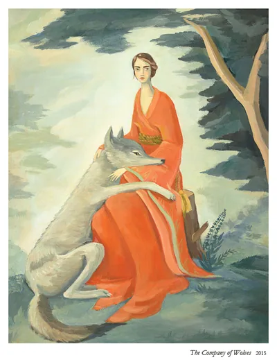 The Company of Wolves: a woman in a red robe embracing a gray wolf