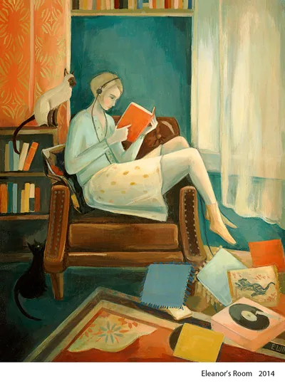 Eleanor's Room: a woman reading in an armchair with a cat, books and records