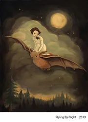 Flying By Night: a girl riding a bat under a full moon