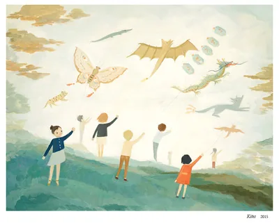 Kites: children flying kites shaped like dragons, bats and butterflies
