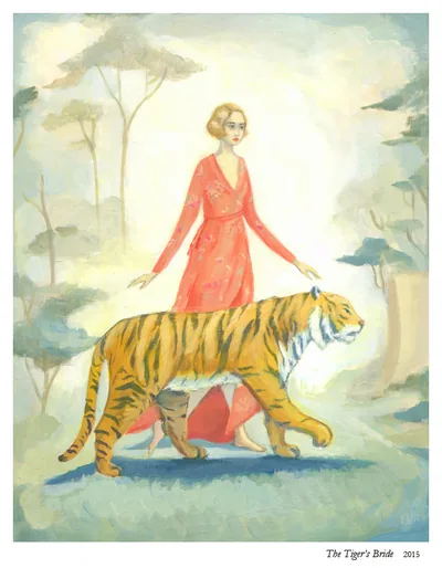 The Tiger's Bride: a woman in a red dress walking behind a tiger
