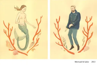 Mermaid & Sailor: a mermaid and a sailor framed by coral