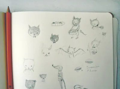 Sketchbook page of cats, bats and other small animals
