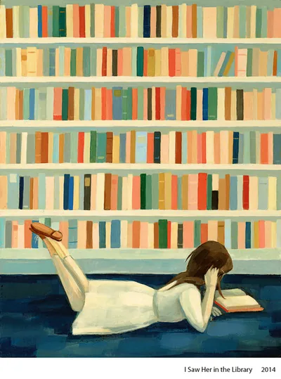 I Saw Her in the Library: a woman lying on the floor reading in front of bookshelves