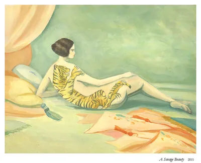 A Savage Beauty: a woman in a tiger-skin dress reclining on cushions