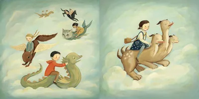 Day Dreamers: children flying on a dragon and other creatures