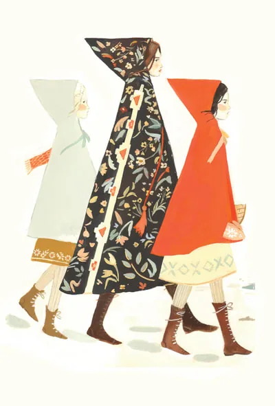 Snow & Rose: three hooded girls walking in winter cloaks