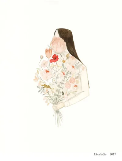 Floraphilia: a woman whose body is a bouquet of pastel flowers
