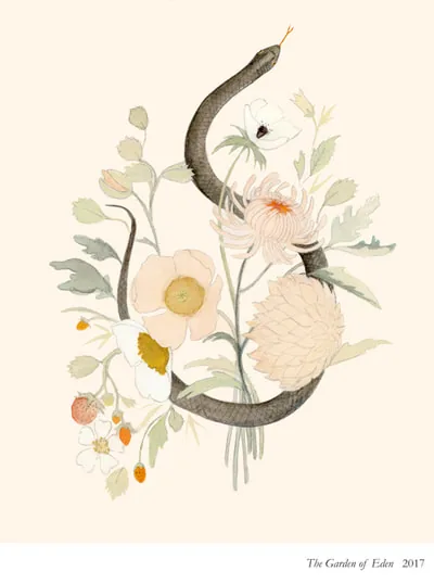 The Garden of Eden: a black snake coiled among pale flowers