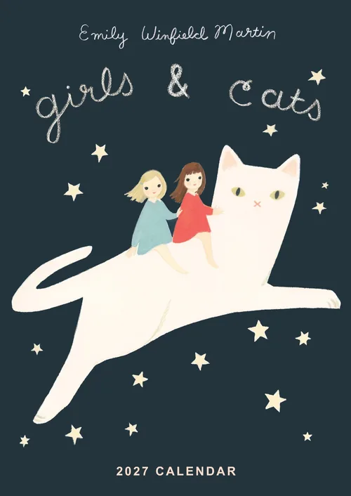 The 2027 Girls & Cats Calendar cover: two girls riding a white cat through a starry sky