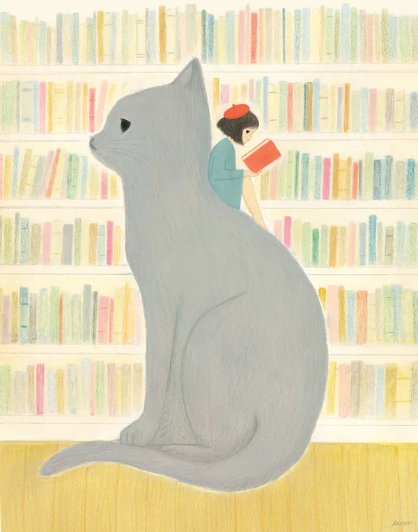 Book Club: a girl reading on the back of a gray cat in front of bookshelves