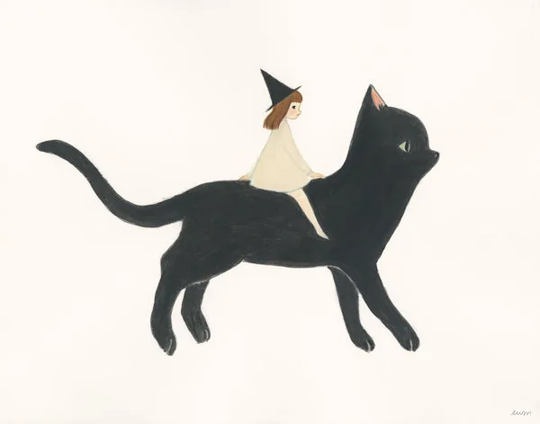 Familiar: a girl in a pointed hat riding a black cat