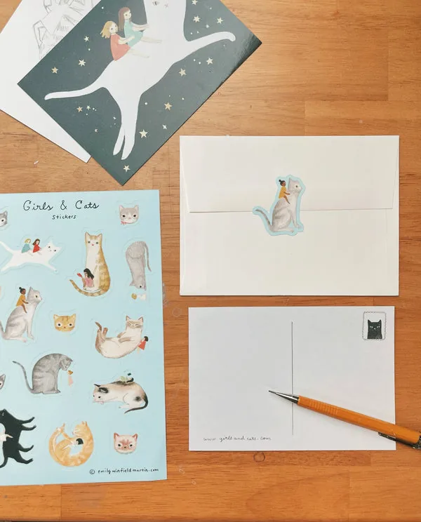 Girls & Cats stickers with postcards and envelopes