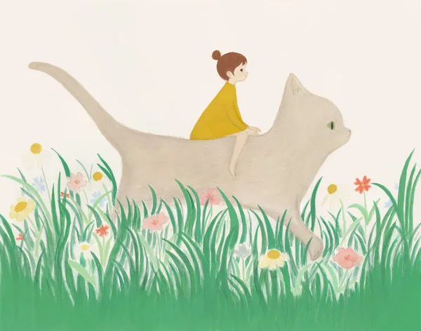 In the Meadow: a girl in a yellow dress riding a pale cat through tall grass