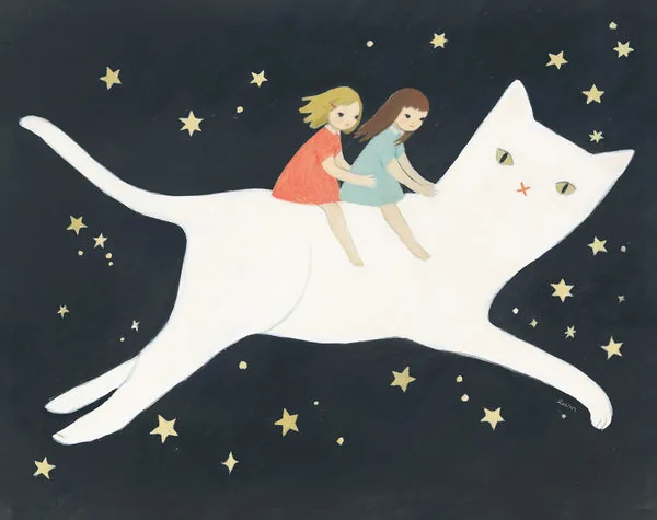Moon Cat: two girls riding a white cat through a starry sky