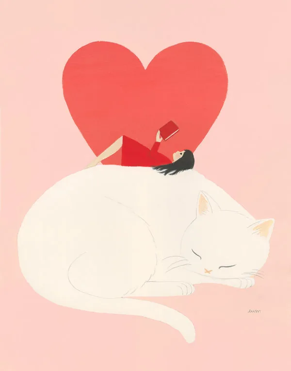 True Love: a girl reading on a sleeping white cat beneath a red heart