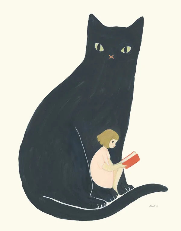 Your Protector (Book): a girl reading inside the curl of a large black cat