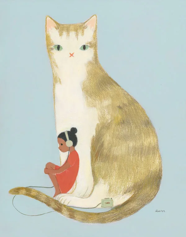 Your Protector (Music): a girl with headphones beside a large tabby cat