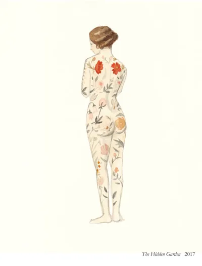 The Hidden Garden: a woman seen from behind, her skin covered in flowers