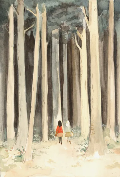 Snow & Rose: two small figures walking into a tall pale forest
