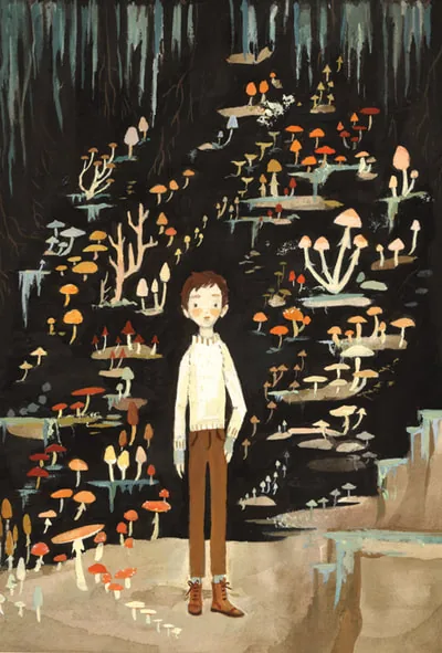 Snow & Rose: Ivo among glowing mushrooms in a dark cave